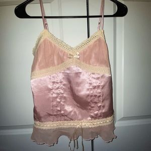 Pink satin babydoll top with cream lace detail